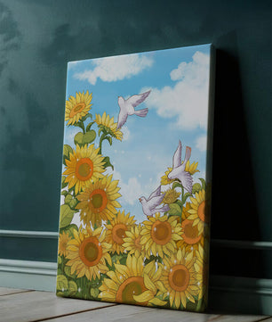 Friedliche Szene mit Sonnenblumen und Tauben unter einem strahlend blauen Himmel