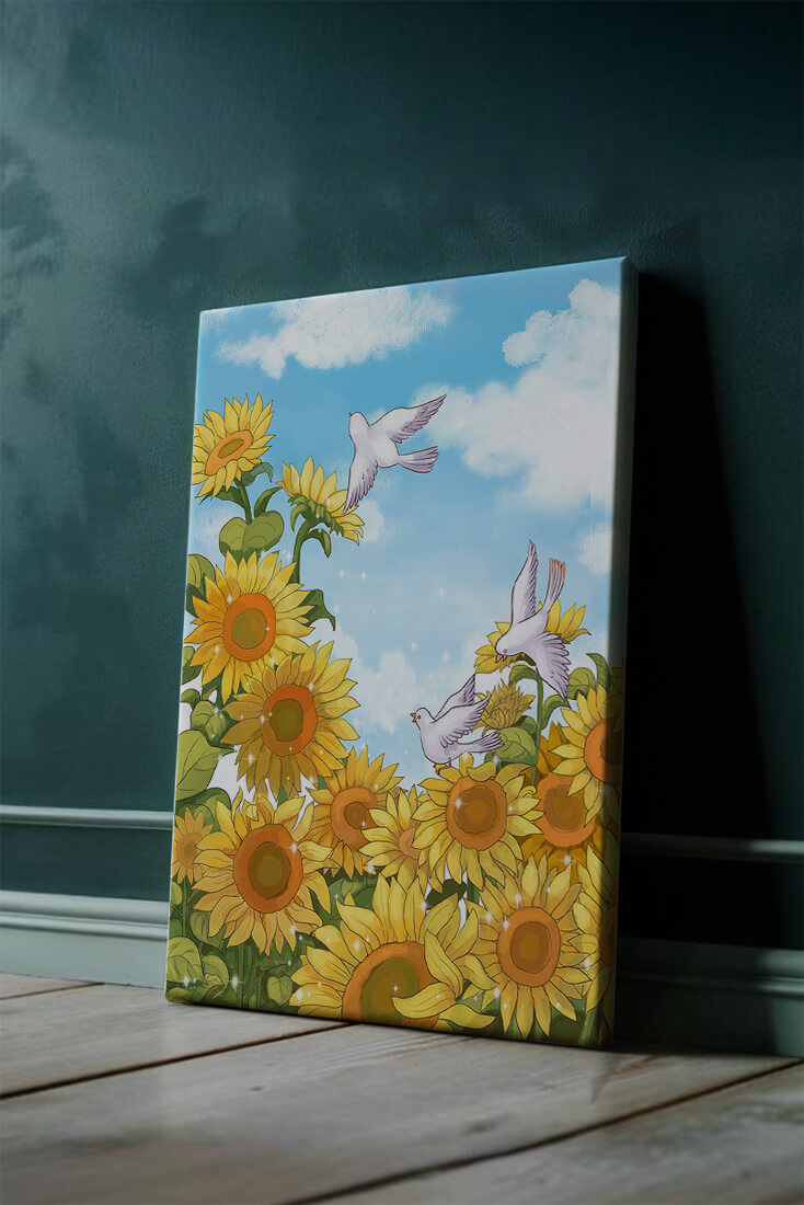 Friedliche Szene mit Sonnenblumen und Tauben unter einem strahlend blauen Himmel