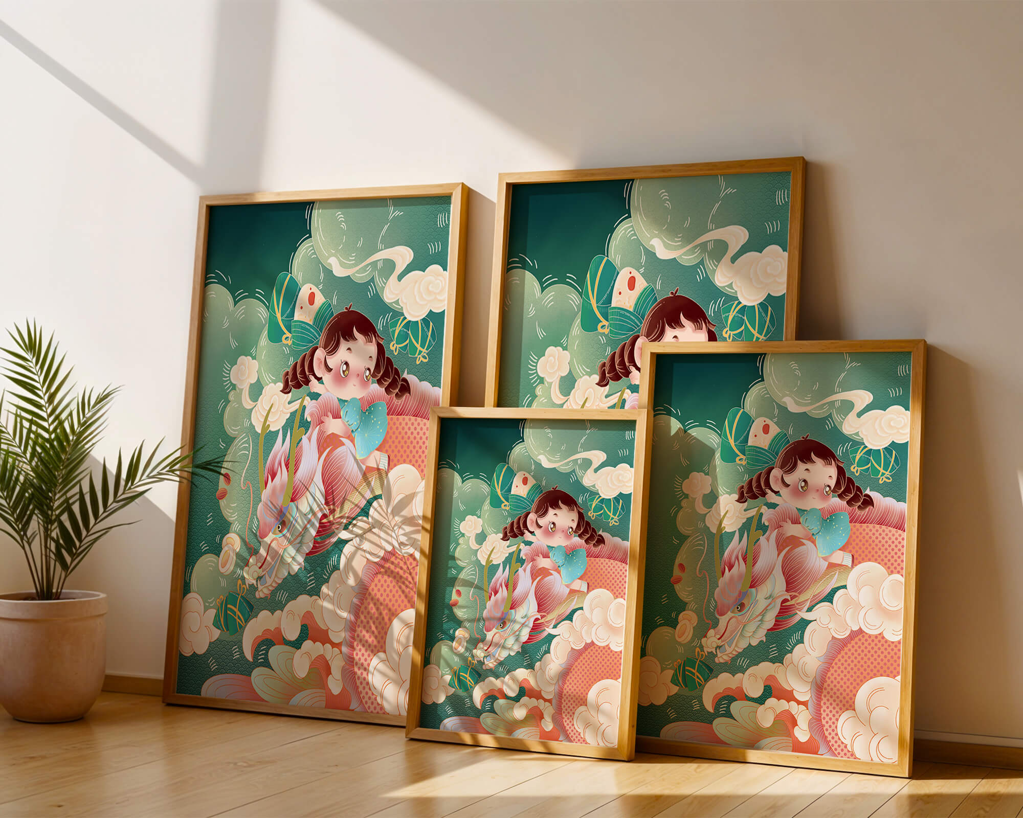 Whimsical scene of a girl riding a dragon through clouds