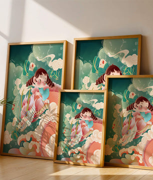 Whimsical scene of a girl riding a dragon through clouds