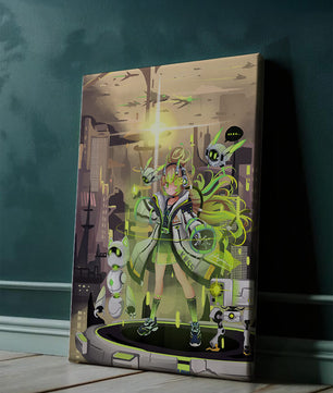 Chica de anime futurista con aura verde y compañeros robóticos en un paisaje urbano de ciencia ficción