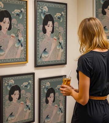 Elegant woman in floral kimono surrounded by birds and lotus flowers