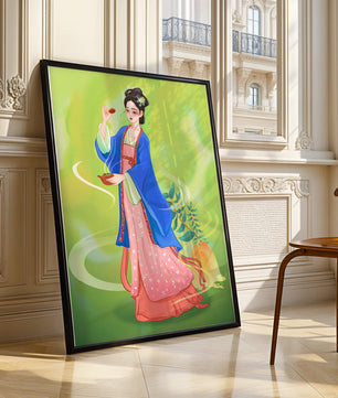 Diseño elegante de mujer en vestimenta tradicional del Este Asiático