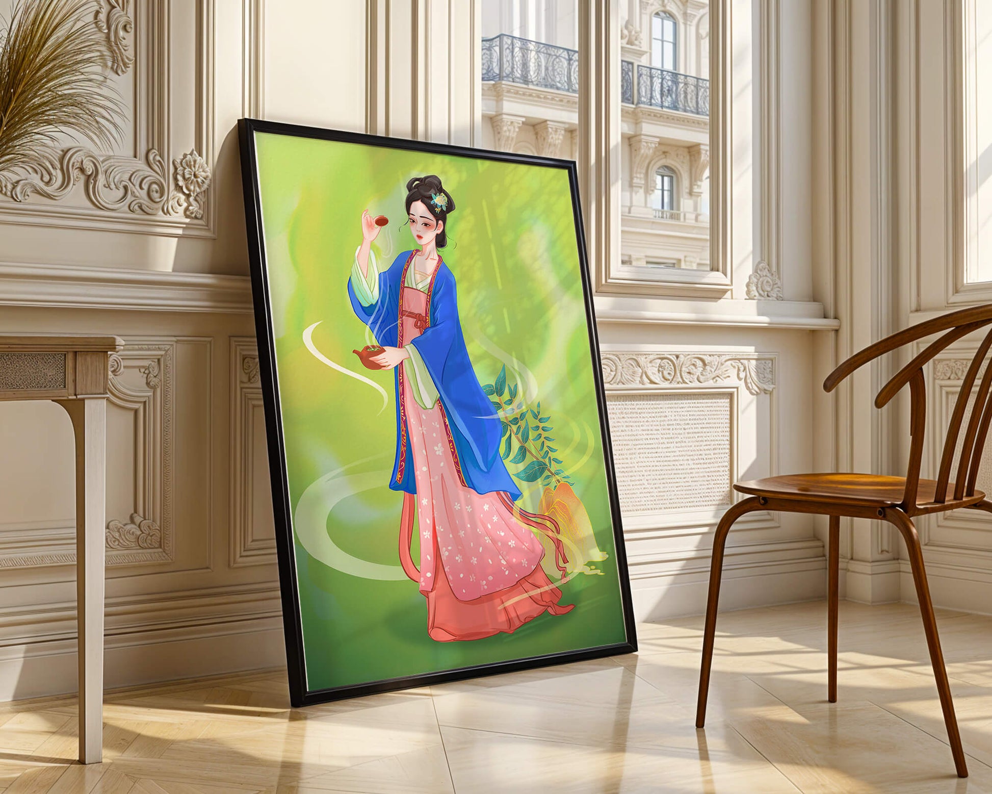 Diseño elegante de mujer en vestimenta tradicional del Este Asiático