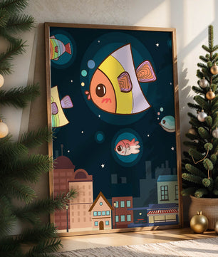 Poisson de dessin animé flottant au-dessus d'une ville nocturne avec des étoiles