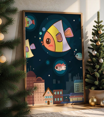Cartoon Fish Floating Over Night City Scene with Stars