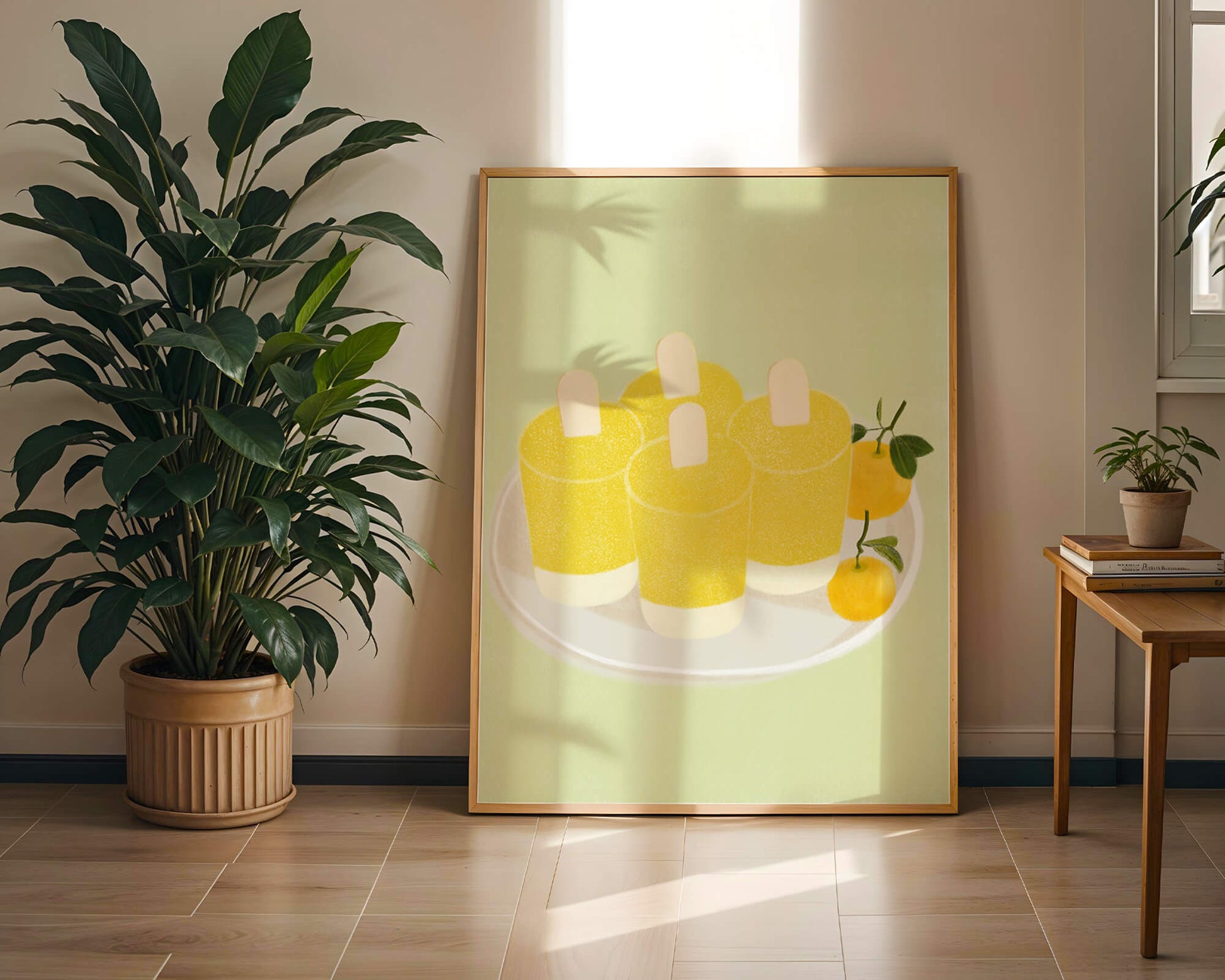 Illustration of yellow popsicles and oranges on a plate