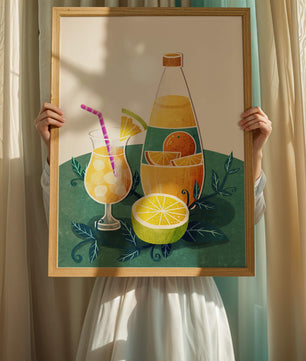 Ilustración colorida de bebidas cítricas con botella y vaso