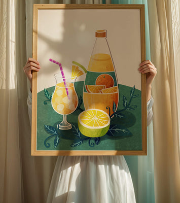 Colorful illustration of citrus drinks with bottle and glass