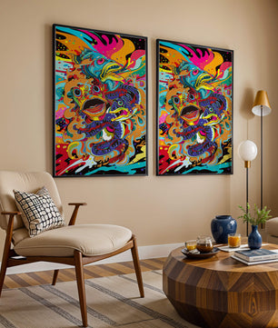 Arte abstracto de peces coloridos con elementos vibrantes
