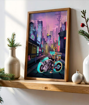 Futuristic Cyberpunk Cityscape with Neon Rider and Motorcycle