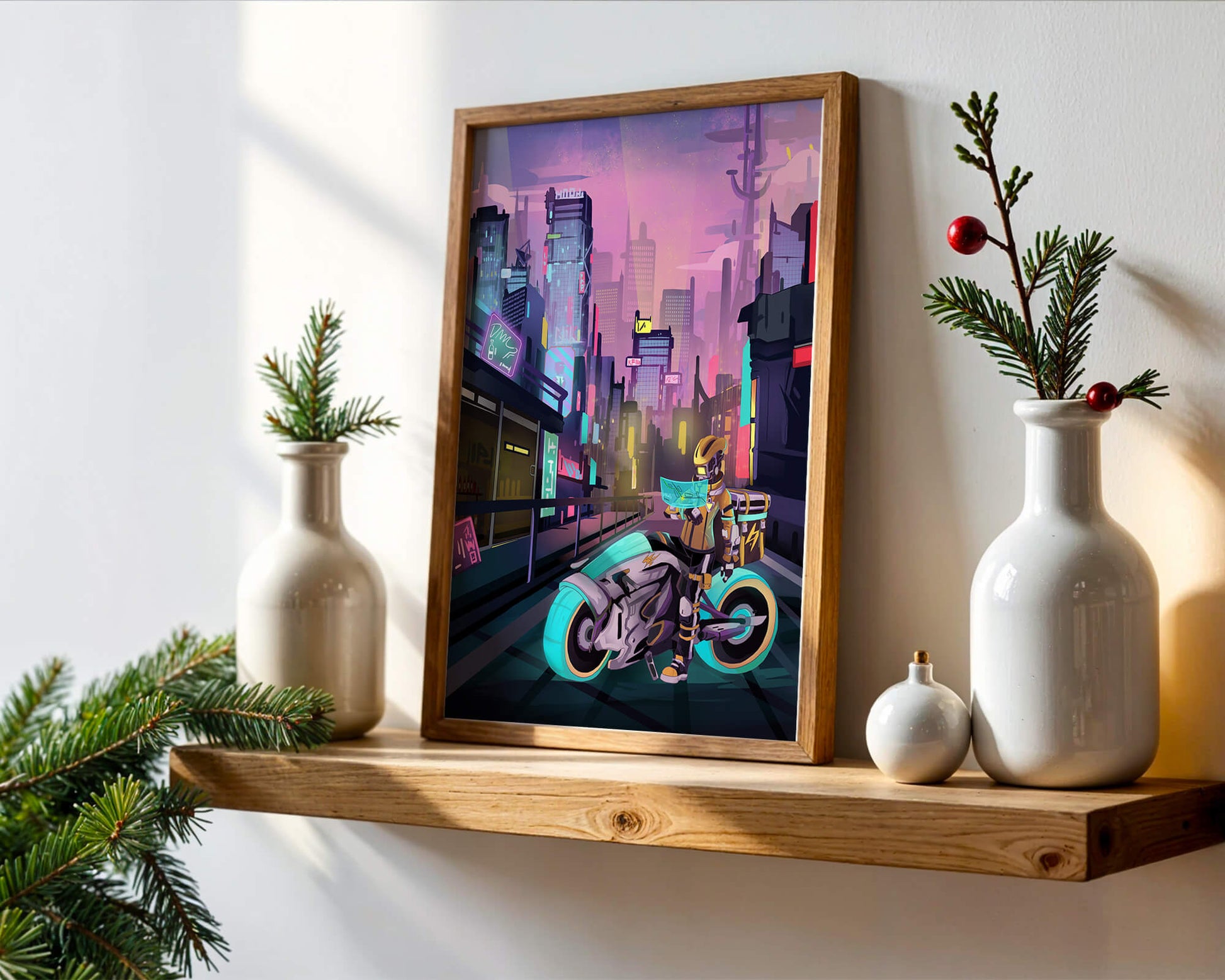 Futuristic Cyberpunk Cityscape with Neon Rider and Motorcycle