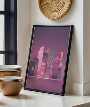Modern Abstract Cityscape at Sunset with Reflective Water - Mi tienda