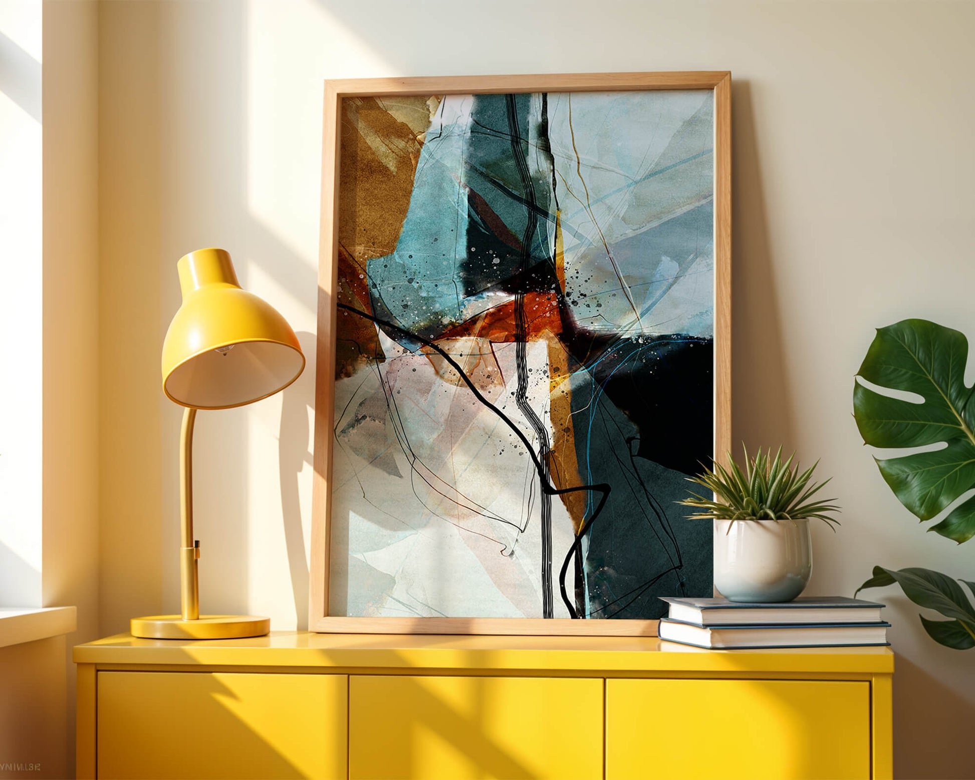 Abstract watercolor artwork with dynamic lines and colors