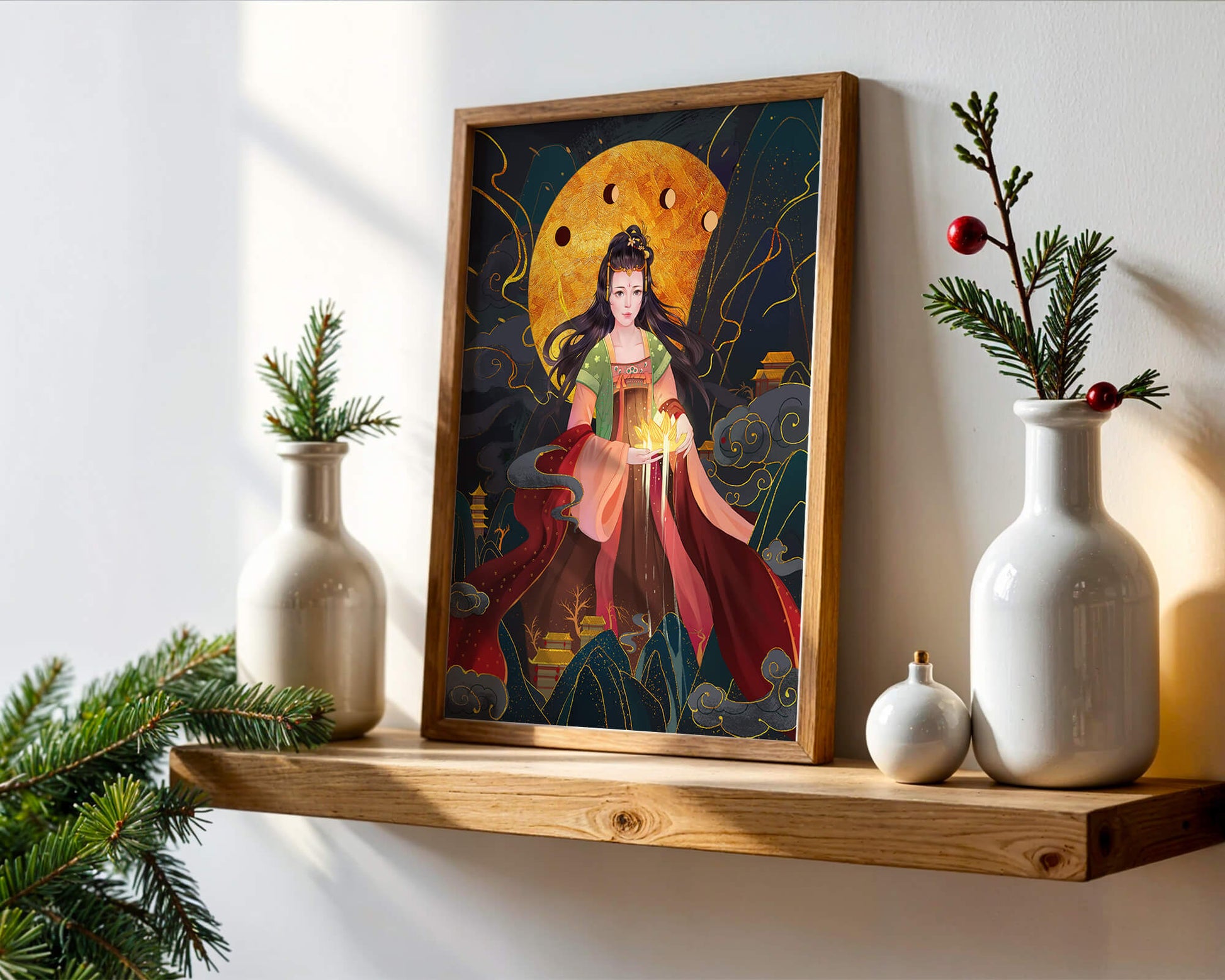 Elegante representación de una figura mítica con un fondo celestial dorado.