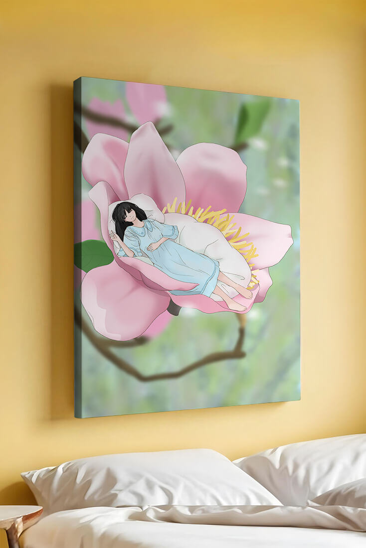 Dreamlike scene of a woman sleeping in a large pink flower