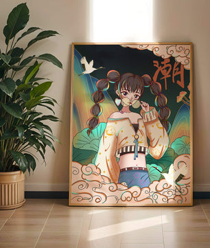 Anime girl with glasses surrounded by nature and cranes