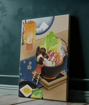 Illustration eines gemütlichen Winteressens mit Hot Pot und Zutaten
