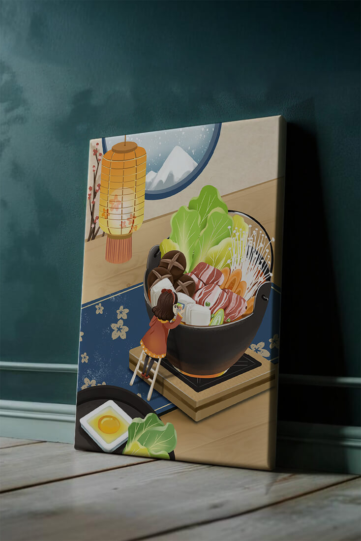Illustration eines gemütlichen Winteressens mit Hot Pot und Zutaten