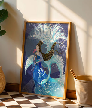 Elegant woman with floral motif and ethereal bird illustration
