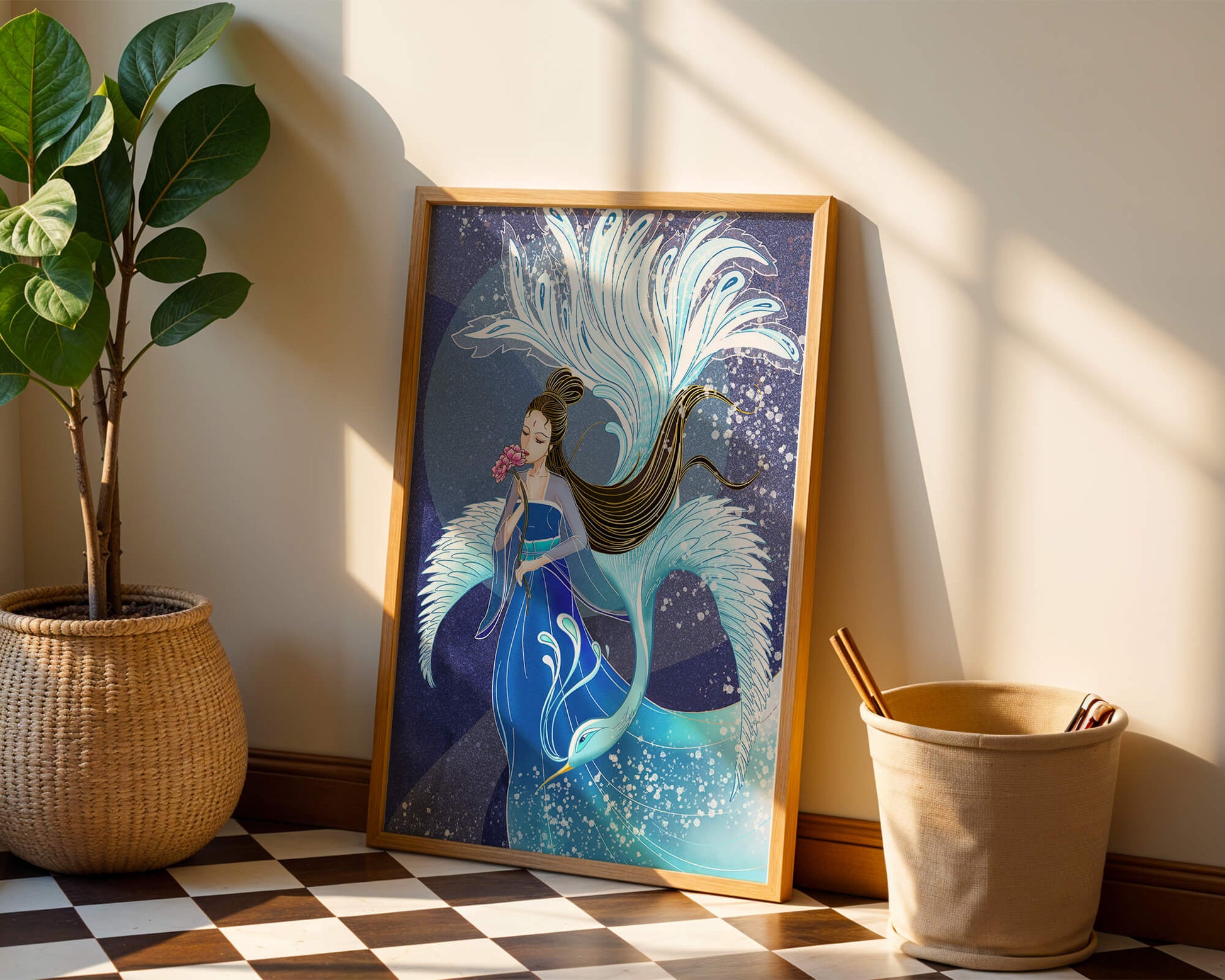 Elegant woman with floral motif and ethereal bird illustration