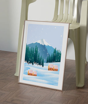 Winter Mountain Landscape with Snowy Cabins and Forest - Mi tienda