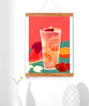 Ilustración de cóctel de frutas refrescante con cítricos y sandía