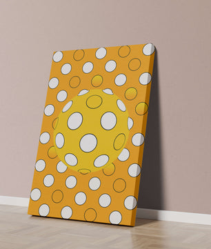 Colorful geometric pattern with white polka dots on orange background