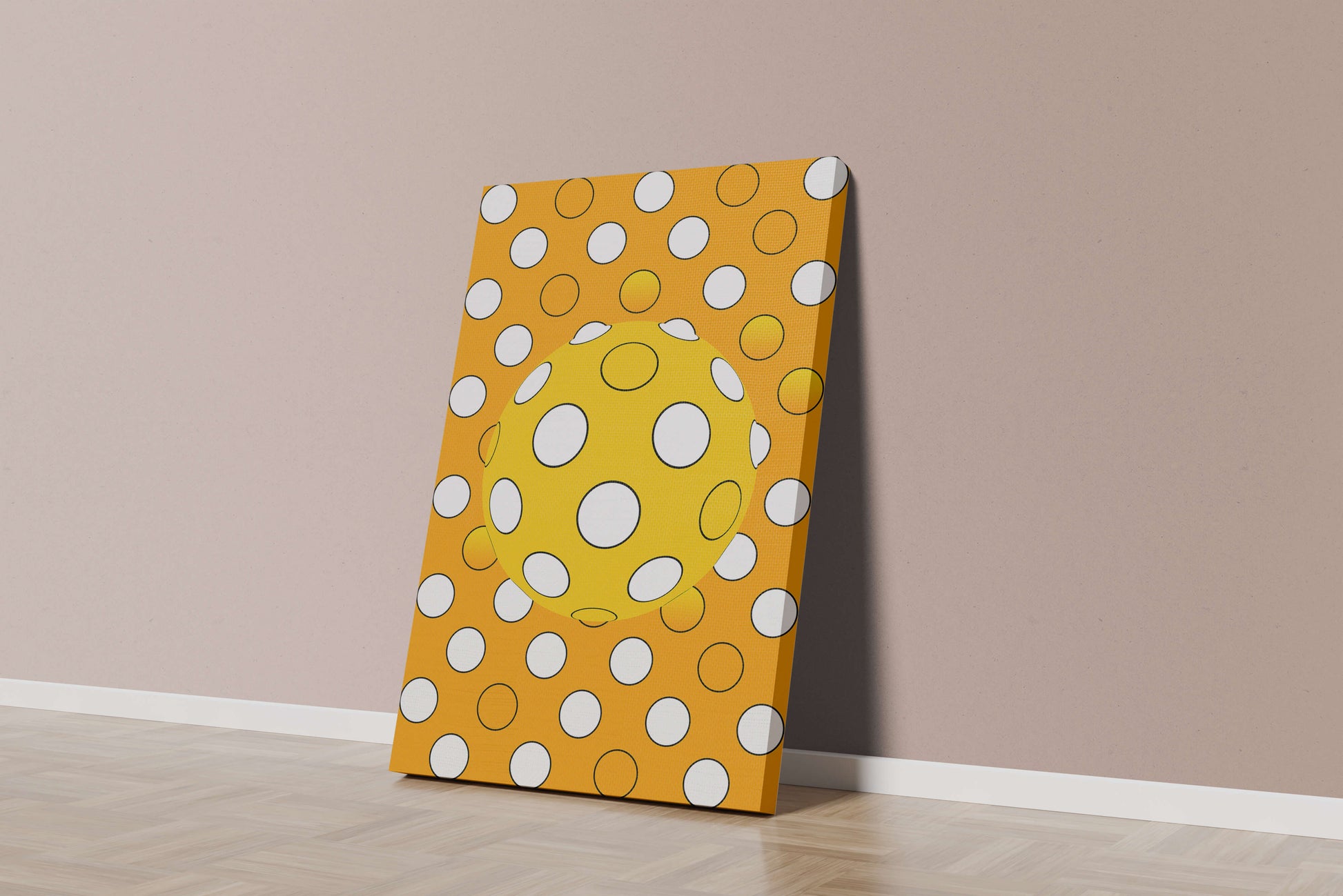 Colorful geometric pattern with white polka dots on orange background