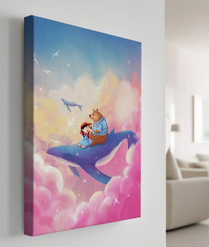 Fantasy illustration of girl and bear riding a whale through colorful clouds