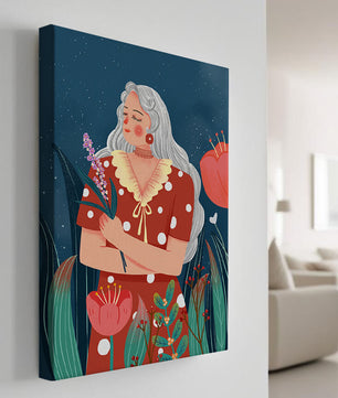 Serene illustration of a woman with flowers under a starry night sky