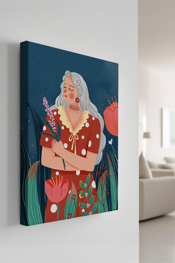 Serene illustration of a woman with flowers under a starry night sky