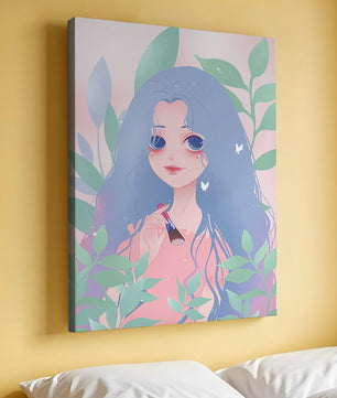 Illustration of a blue-haired girl surrounded by greenery