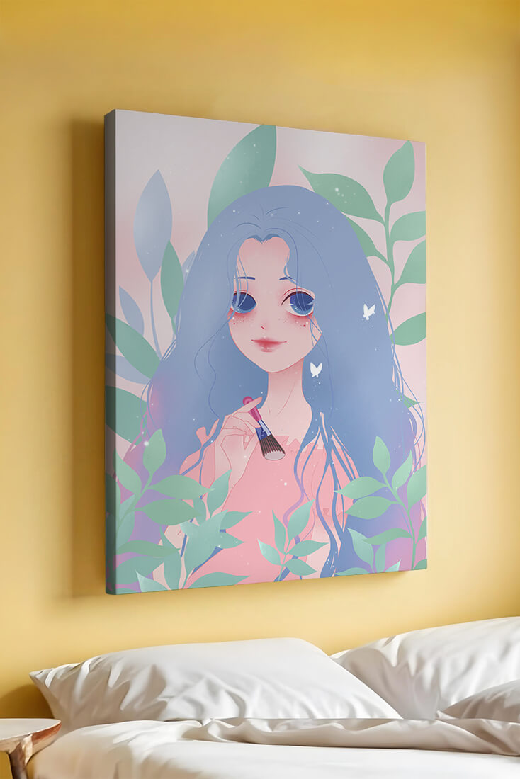 Illustration of a blue-haired girl surrounded by greenery