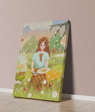 Ilustración de una chica pintando al aire libre rodeada de mariposas y flores