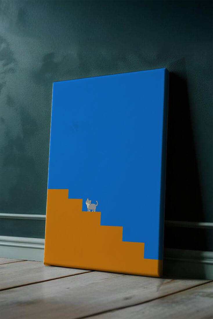 Minimalistic cat on stairs with blue background