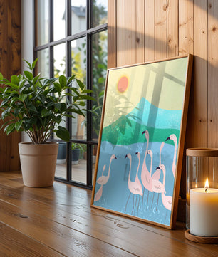 Friedliche Szene mit Flamingos in einer ruhigen Landschaft mit Bergen und Sonnenuntergang