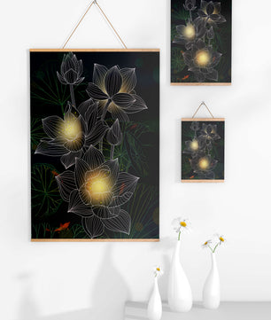 Beautiful lotus flowers with glow effect and koi fish - Mi tienda