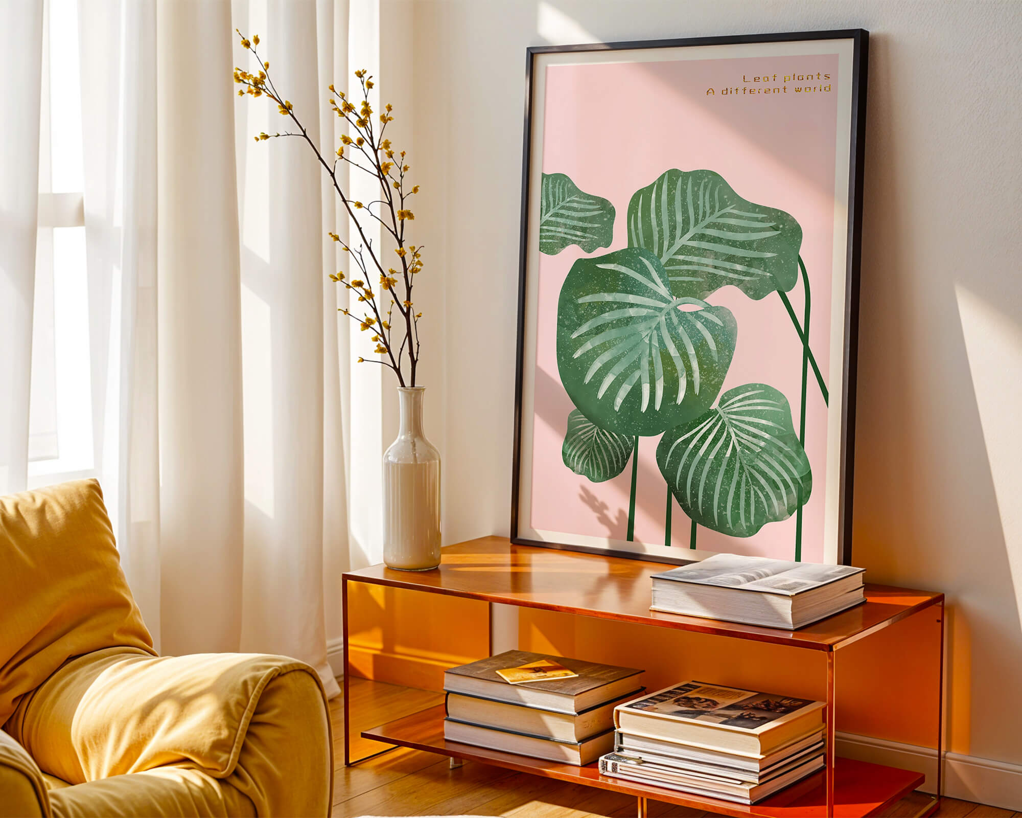 Abstract Botanical Green Leaves On Pink Background - Mi tienda