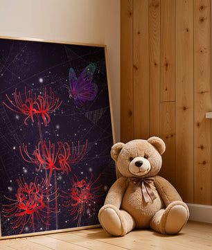 Vivid Night Sky with Red Spider Lilies and Purple Butterfly - Mi tienda