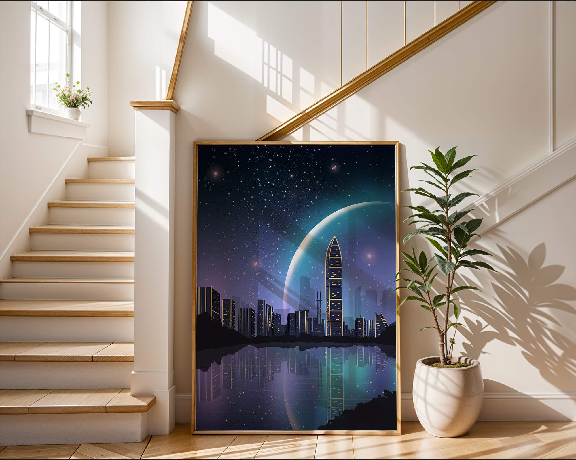 Futuristic cityscape under a starry night sky