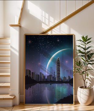 Paisaje urbano futurista bajo un cielo estrellado