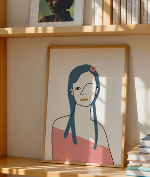 Abstract Portrait with Blue Hair and Floral Accent - Mi tienda