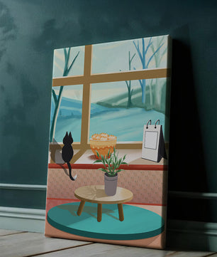 Cozy interior with a cat by the window and potted plants