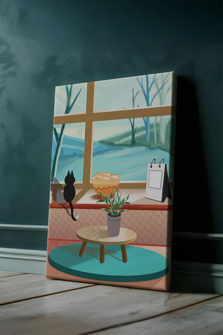 Cozy interior with a cat by the window and potted plants