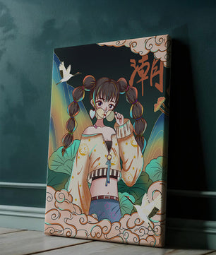 Anime girl with glasses surrounded by nature and cranes