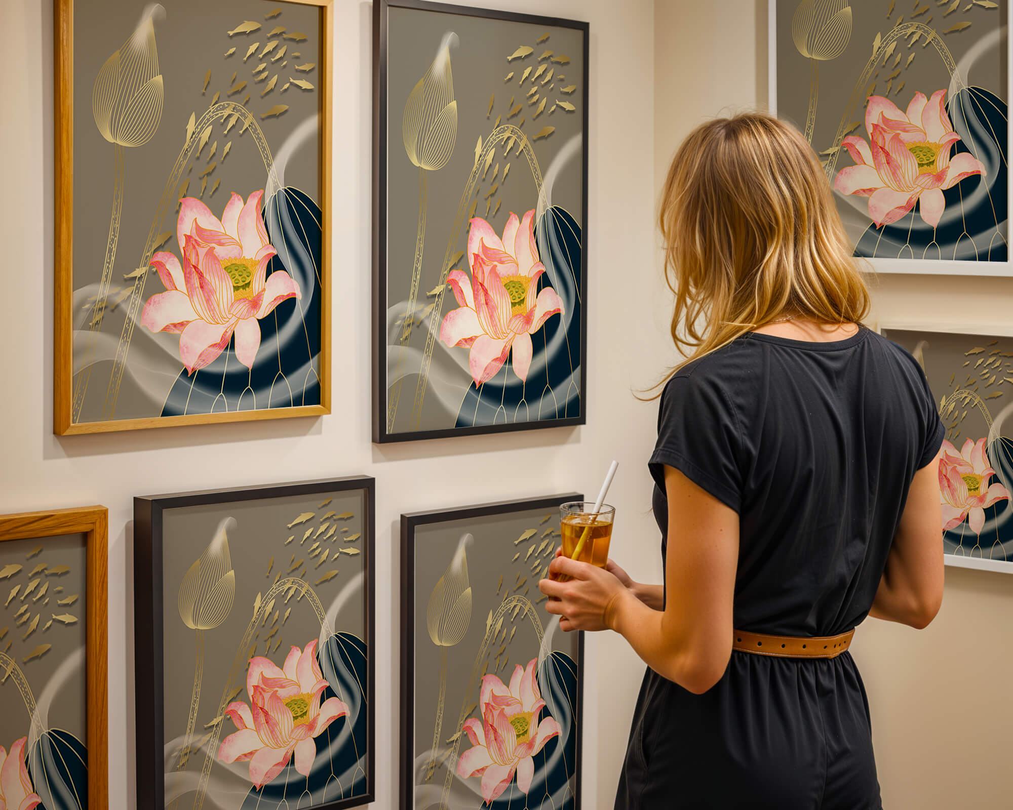 Elegant floral design with blooming lotus and golden fish accents