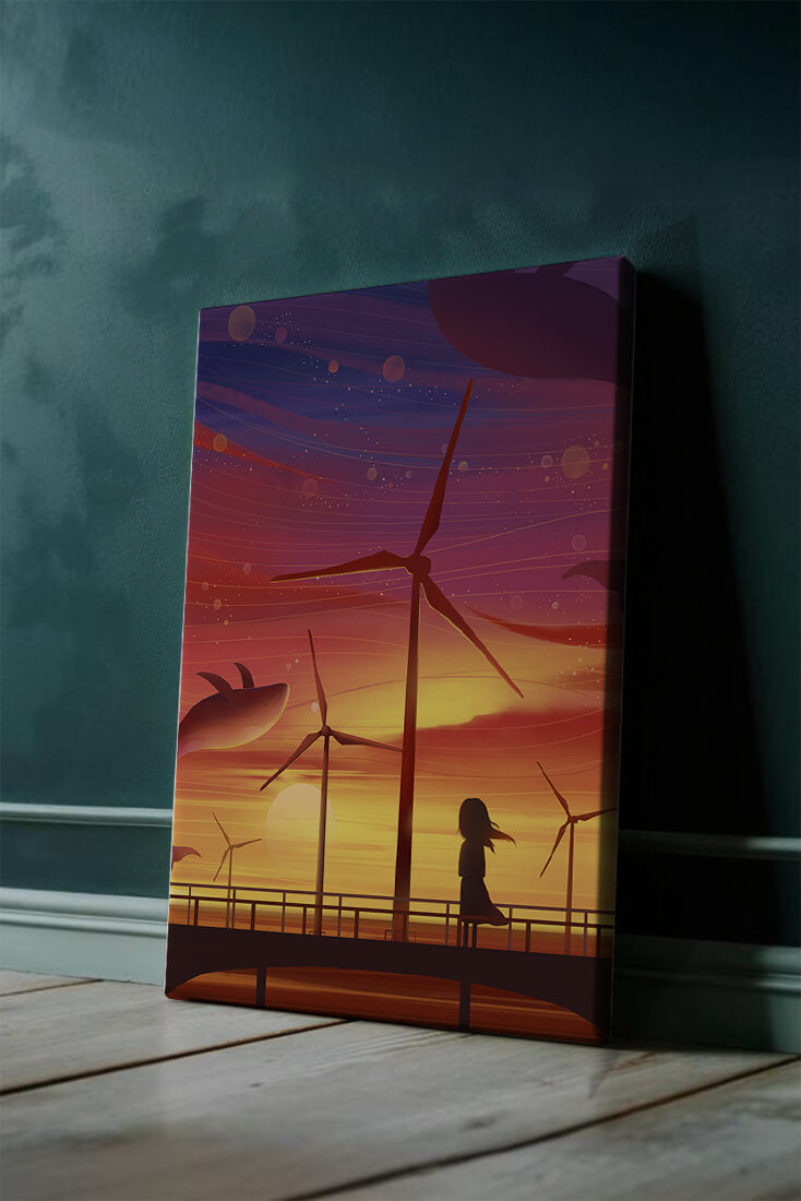 Enchanting sunset scene with wind turbines and silhouette of a girl