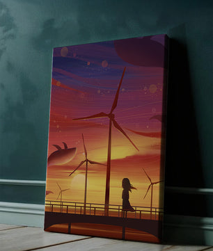 Enchanting sunset scene with wind turbines and silhouette of a girl