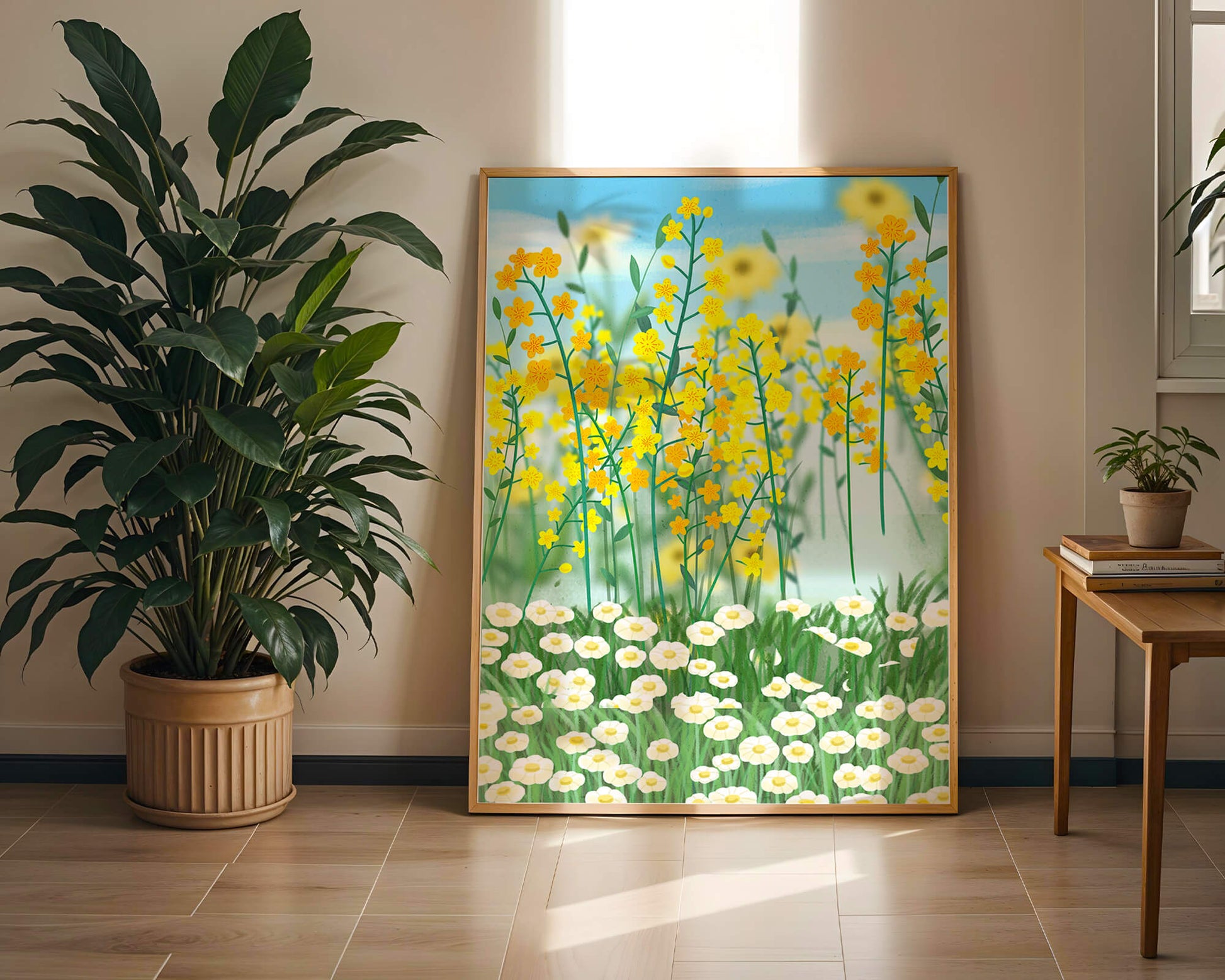 Springtime Meadow With Blooming Yellow And White Flowers